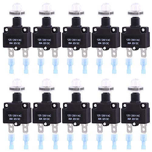 Swpeet 30Pcs 30Amp Thermal Circuit Breaker with Quick Connect Terminals and Waterproof Button Caps Assortment Kit,Waterproof Push Button Circuit Breaker 32V DC 125/250VAC 50/60Hz for Switch Operation - style: 30Amp
