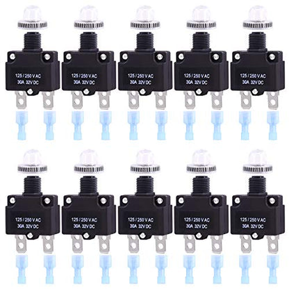 Swpeet 30Pcs 30Amp Thermal Circuit Breaker with Quick Connect Terminals and Waterproof Button Caps Assortment Kit,Waterproof Push Button Circuit Breaker 32V DC 125/250VAC 50/60Hz for Switch Operation - style: 30Amp