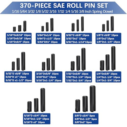 SAE Roll Pin Set, 370 Pcs Roll pin Assortment, Slotted Spring Pins - size: 370pcs SAE Roll Pin