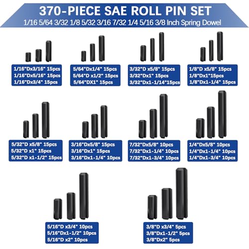 SAE Roll Pin Set, 370 Pcs Roll pin Assortment, Slotted Spring Pins - size: 370pcs SAE Roll Pin
