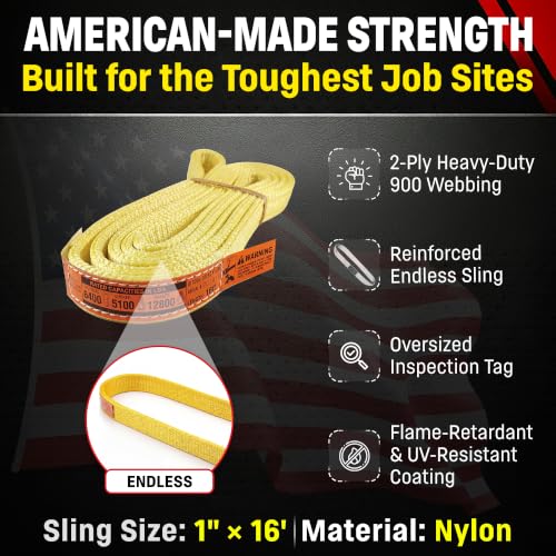 DD Sling 1" x 16' Nylon Endless Lifting Sling – USA Made, 6,400 lb Vertical, 5,100 lb Choker, 12,800 lb Basket – 2 Ply Heavy Duty 900 Webbing, Type 5 Endless Rigging Sling - size: 1"x16'