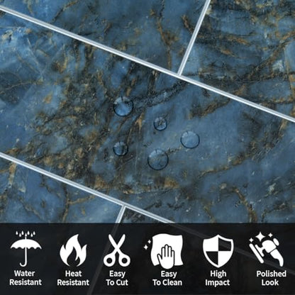 AULIGET 40-Piece Polished Blue Marble Peel and Stick Backsplash Wall Tiles, 3" x 12" PVC Faux Stone Stick on Tiles for Backsplash Kitchen, Bathroom, Laundry Room, Camper, Fireplace - color: Polished Blue Marble, size: 40 Pieces, 3"x12"x0.12"