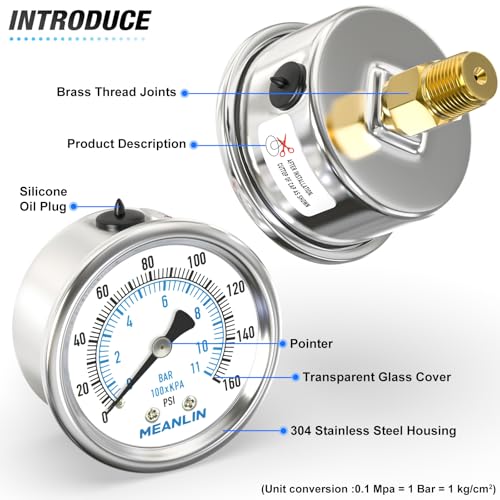 MEANLIN MEASURE 0~160Psi Dry Pressure Gauge Stainless Steel 1/4" NPT 2" FACE DIAL Waterproof for Air Compressor RV Regulator Water Pressure Tester Black Mount, with 1/2" NPT and 3/8" NPT Hex Bushing - size: 0-160Psi