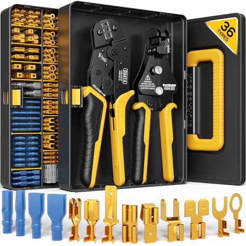Crimping Tool Kit, 36-Type Open Spade & Quick-Disconnect Connector Set (2.8/3.9/4.8/6.3 mm) Non-Insulated Terminals with Wire Stripper, 24–14 AWG Ratcheting Crimper, for Auto, Appliance, DIY - size: 36-Type Crimping Kit (Gold)