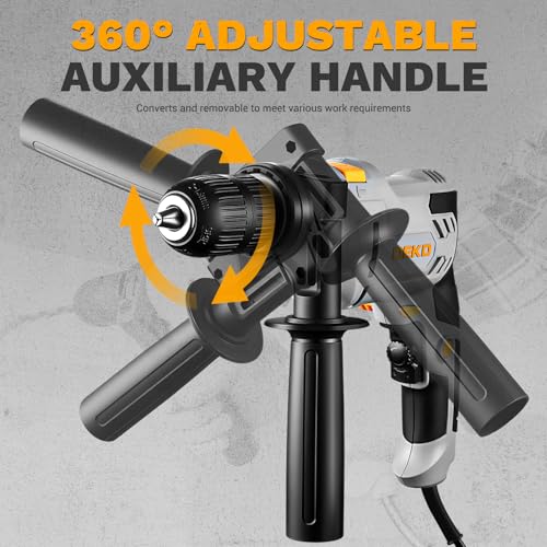 DEKOPRO 6-Amp 1/2-Inch Hammer Drill, Variable Speed Electric Corded Hammer Drill with 12pcs Bit for Concrete & Wood, 2 Functions in 1 with Keyed Metal Chuck, 360° Rotating Handle