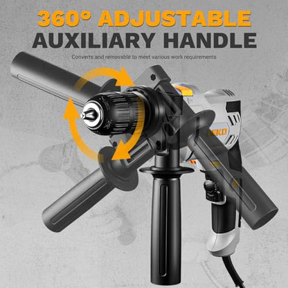 DEKOPRO 6-Amp 1/2-Inch Hammer Drill, Variable Speed Electric Corded Hammer Drill with 12pcs Bit for Concrete & Wood, 2 Functions in 1 with Keyed Metal Chuck, 360° Rotating Handle