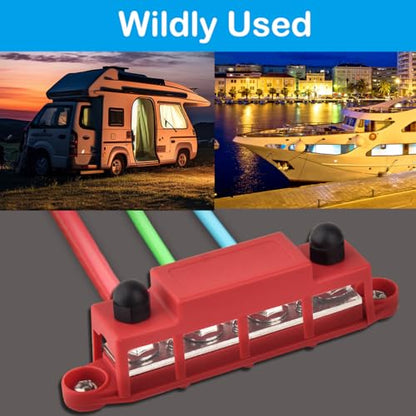 Power Distribution Block 12V 250A 4 x 5/16"(M8) Stud Bus Bar Tinned Copper Electrical Battery Terminal Block for Boat Automotive Solar Wiring - size: 250A