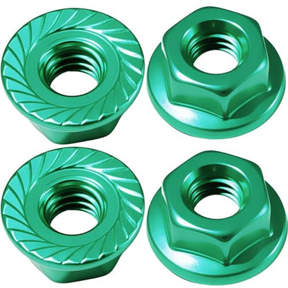 Flange M4 Lock Nuts Aluminum Alloy Serrated Nylon Self-Tightening M4 Wheel Hardware for Traxxas Redcat Arrma Axial HPI TLR ECX Model RC Car Crawler Truck Buggy Upgraded Parts, 4 Pcs - color: Green, size: 4Pcs