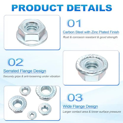 50Pcs Serrated Flange Hex Nuts-#6-32-UNC Carbon Steel Zinc Plated - color: Blue White, size: #6-32