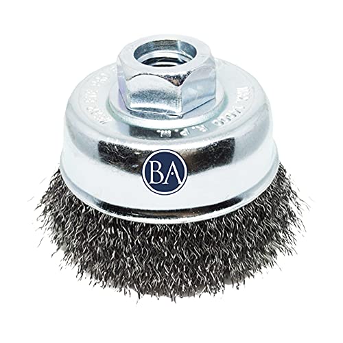 Benchmark Abrasives 2-3/4" Mounted Crimped Wire Cup Brush for Narrow Holes Derusting Paint Removal Deburring, Wire End Brush for Angle Pneumatic Grinder - (Carbon Steel) - size: 2-3/4" Crimped Wire, style: Carbon