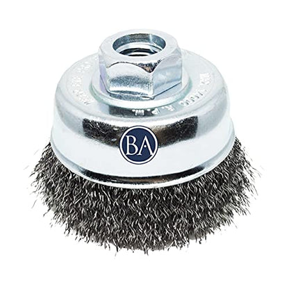 Benchmark Abrasives 2-3/4" Mounted Crimped Wire Cup Brush for Narrow Holes Derusting Paint Removal Deburring, Wire End Brush for Angle Pneumatic Grinder - (Carbon Steel) - size: 2-3/4" Crimped Wire, style: Carbon