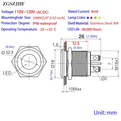 16mm Indicator Light 110V-120V LED AC/DC Pilot Lamp Waterproof Metal Stainless Steel 304 Pilot Panel Mounting 2 Pcs 5/8" - color: Blue, size: 110-120 V AC/DC