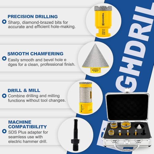 HIGHDRIL 8Pcs Diamond Drill Bits Kit for Porcelain Ceramic Tile Granite - size: Thread Set7