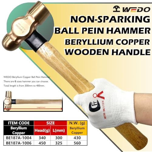WEDO 2PCS Ball Pein Hammer,3/4lb+1lb Non-Sparking Ball Peen Hammer with Wooden Handle, Beryllium Copper,Non-Magnetic,Die-forged,Corrosion Resistant,BAM & FM Certificate,DIN Standard - color: Beryllium Copper, size: 2pcs-setC