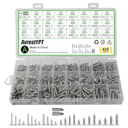 435Pcs 304 Stainless Steel Self Tapping Screws Assortment Set, M3/M4/M5/M6 Flat Head & Round Head Self Tapping Screws Assortment Set, Phillips Drive Wood Screw Assortment Kit - size: M3/4/5/6-435Pcs