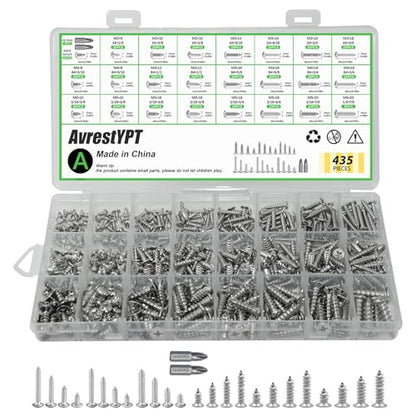 435Pcs 304 Stainless Steel Self Tapping Screws Assortment Set, M3/M4/M5/M6 Flat Head & Round Head Self Tapping Screws Assortment Set, Phillips Drive Wood Screw Assortment Kit - size: M3/4/5/6-435Pcs