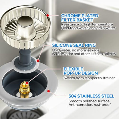 zaa 3 in 1 Kitchen Sink Drain Strainer Stopper Removable Basket Pop-Up - color: Brushed Nickel