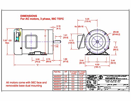 Hallmark Industries MA0505E AC Motor, 1/2 hp, 1725 RPM, 3PH/60 Hz, 208-230/460 VAC, 56C/TEFC with Foot SF 1.15 Class F Insulation, Inverter Duty (Pack of 1) - size: 1/2hp, 1725RPM, 3 phase, 230/460V