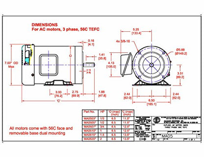 Hallmark Industries AC Motor, Three Phase, C face with Base Mount (1hp, 3450RPM, 3 Phase, 230/460V) - size: 1hp, 3450RPM, 3 phase, 230/460V