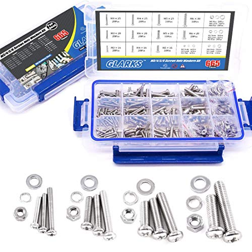 Glarks 665Pcs M3 M4 M5 M6 Stainless Steel Phillips Pan Head Screws Bolts Nuts and Flat Gasket Spring Washers Assortment Kit - style: Pan head screws