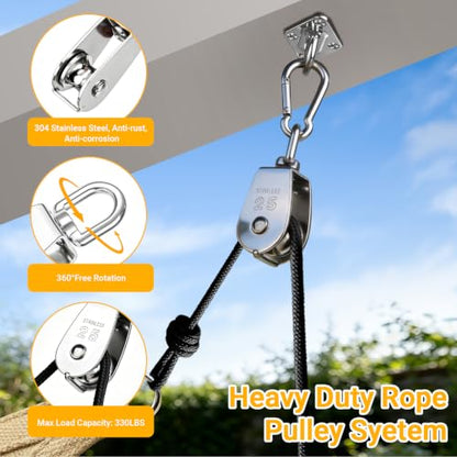 M25 Stainless Steel Pulley System Kit,Pulley Block with Nylon Rope | 2 Pack M25 Heavy Duty Pulleys Wheel with Rope Cleat, Eye Pad Plate and Hooks for Sun Shade Sail, Clothesline - size: 2P-M25