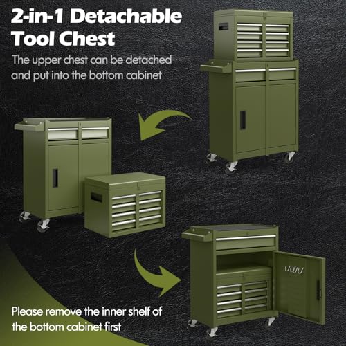 IRONMAX 2-in-1 Detachable Rolling Metal Tool Chest, 5 Drawers, Olive Green - color: Olive Green