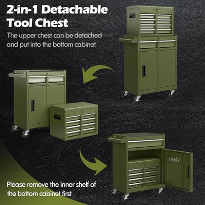 IRONMAX 2-in-1 Detachable Rolling Metal Tool Chest, 5 Drawers, Olive Green - color: Olive Green