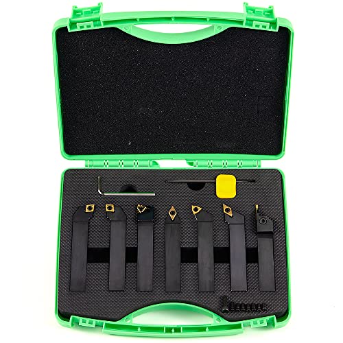 Indexable Lathe Turning Tool-3/4" Shank 7 Pieces Carbide Turning Tool Set,CNC Heavy-Duty Metal Lathe Cutting Tools for Turning Grooving Threading Cutting with Tin Coated Carbide Inserts