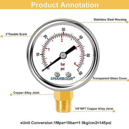 UHARBOUR Lead-Free Water Pressure Gauge 60 Psi, 2" Dial 1/4" NPT - size: 60PSI Lead Free