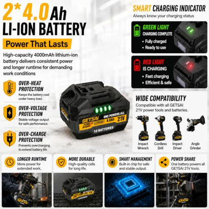 1/2 Impact Gun, 1400N.m (1032Ft-lbs) Super High Torque Impact Wrench with 2 x 4.0Ah Batteries, 21V Cordless Brushless Power Pistola Llave De Impacto with 10 Sockets for Car/Pickup Truck/Mower