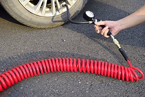 YOTOO Polyurethane Recoil Air Hose 3/8" Inner Diameter by 50' Long with Bend Restrictor, Repairable 1/4" Industrial Quick Coupler and Plug, Red - size: 50 FT