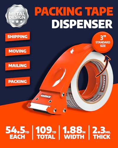 Clear Packing Tape with Dispenser 1.88 inch - Metal Strong & Durable Heavy Duty Packing Tape with Dispenser - Strong Strapping Tape with Dispenser Easy Tear & Seal - 2 Rolls / 1 Dispenser / 109 Yards - size: 109 yd