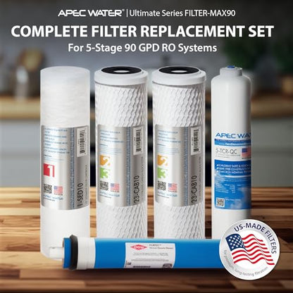 APEC FILTER-MAX90 US Made 90 GPD Complete Replacement Filter Set for Ultimate Series Reverse Osmosis Water Filter System (for Standard 1/4" Output System) - style: Complete Filter Set + 1/4" output