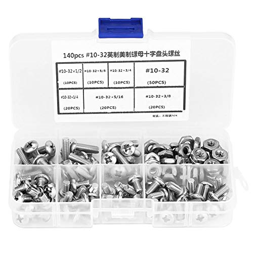 140pcs #10-32 304 Screws and Nuts, Stainless Steel Pan Head Screws Kit Assortment Set Repair Tool Accessory