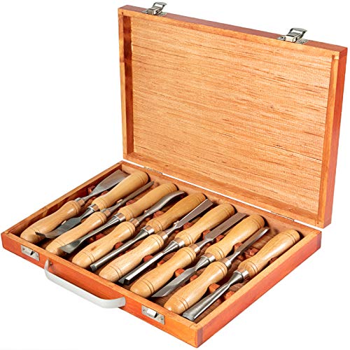 Woodworking 12pcs Lathe Chisel，Wood Carving Hand Chisel 3-3/4Inch Blade Length, Lathe Turning Tools with Wooden Storage Case - size: 8.7 in