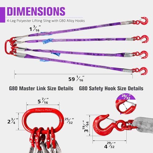 4 Leg Bridle Lifting Sling 6600 LBS Rigging Strap with G80 Grab Hooks