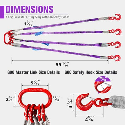 4 Leg Bridle Lifting Sling 6600 LBS Rigging Strap with G80 Grab Hooks