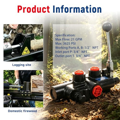waltyotur 3625 PSI Hydraulic Log Splitter Directional Control Valve Auto Return Detent Lever Handle 21 GPM