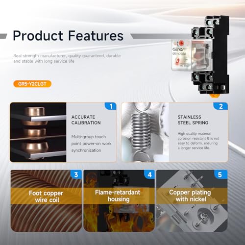 2PCS Electromagnetic Power Relay, 8-Pin DC 24V 10Amp DPDT Relay,LED Indicator, GR5-Y2CLGT with Socket Base and DIN Rail - size: 24VDC-2pcs