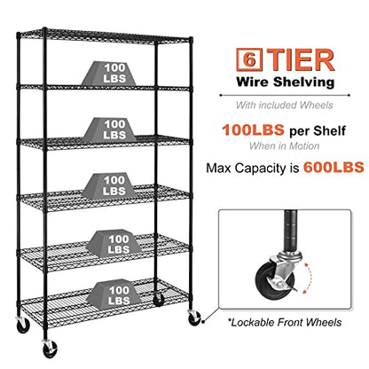 Meet perfect 6-Tier Wire Shelving Unit with Wheels, 48x18x72 in, Black - color: Black, size: 6-Tier, 72"H × 48"W × 18"D