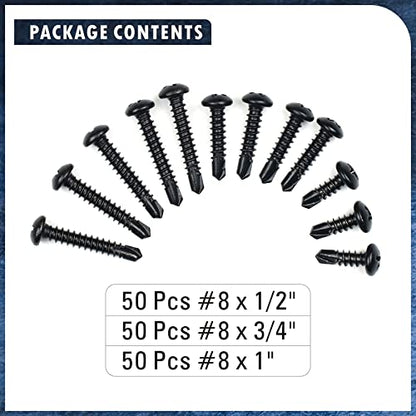 410 Stainless Steel #8 Self Drilling TEK Screw Assortment Kit, Pan Head Self Tapping Sheet Metal Screws, Length 1/2" 3/4" 1" 450 PCS - Black Oxide (Pack of 3) - size: #8 Pan Head (Pack of 3)