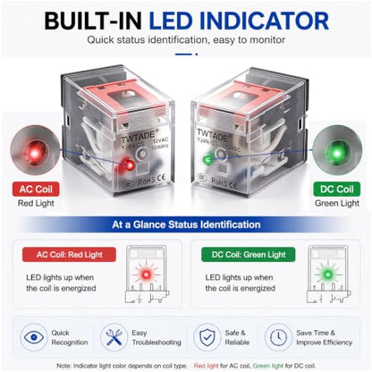 TWTADE Electromagnetic Power Relay with Base, 110V AC Relay Coil 14-Pin 5A - size: AC 110V, style: 14 PIN-5A