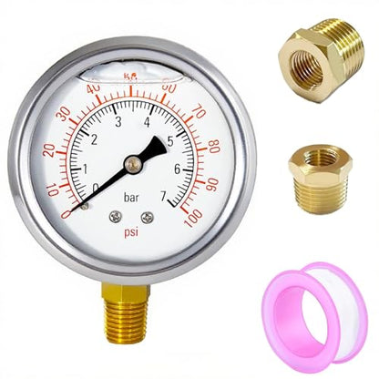 YSIL 1/4 NPT Liquid Filled Pressure Gauge w/ 3/8 NPT 1/2 NPT Adapter 100Psi - size: 0-100 psi