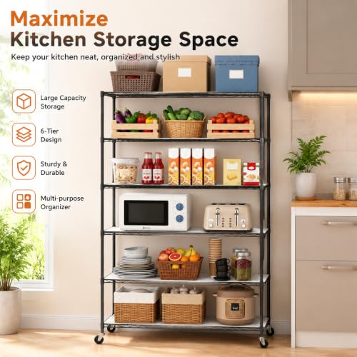 Meet perfect 6-Tier Rolling Shelving Unit with PP Board Shelves - color: Black, size: 6-Tier, 82"H x 45"W x 18"D,PP Shim