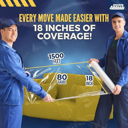 Rockin Rolls Stretch Film Shrink Wrap 18" x 1500 FT x 80 Gauge, 4 Rolls - color: Clear, size: 4 Rolls