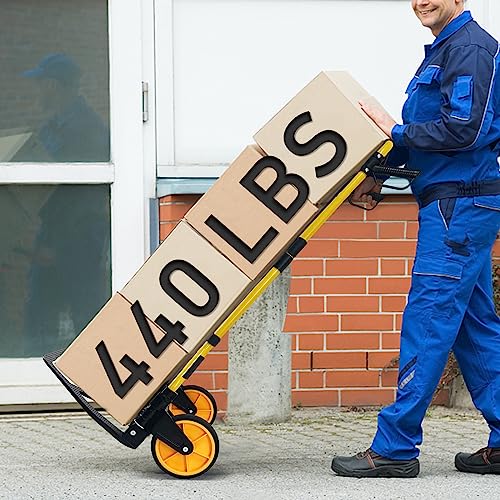 Folding Hand Truck and Dolly, 440lbs Capacity Portable Luggage Dolly Cart with Rubber Wheels and Retractable Handle, Aluminum Foldable Hand Cart for Transportation/Luggage/Mobile/Travel/Office Use - color: Yellow