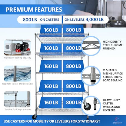 4000 LBS Heavy Duty Wire Rack, 48 x 24 x 76, 5-Tier NSF Commercial Rolling Rack with 4" Industrial Casters, Chrome Metal Wire Shelving for Garage, Kitchen, Adjustable Storage Shelf, Crescent