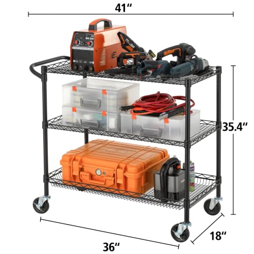 Finnhomy 3 Tier Heavy Duty Commercial Grade Utility Cart, Wire Rolling Cart with Handle Bar, Steel Service Cart with Wheels, Kitchen Carts on Wheels, Metal Cart Shelf Size 18" D x 36" W, NSF, Black - size: 36"L x 18"W x 35.4"H-3 Tier, style: Black Cart