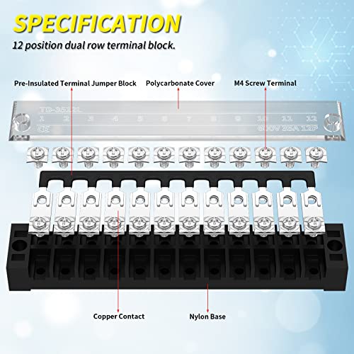 Joinfworld 35A Terminal Block 12 Position Screw Terminal Strip Dual Row with Cover and 12 Position Pre-Insulated Terminal Jumper Block - 2pcs - style: 35A 12P