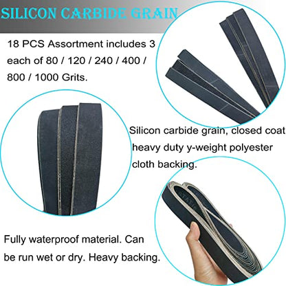 18 PCS 1 x 42 Inch Silicon Carbide Sanding Belts Assortment- 80, 120, 240, 400, 800, 1000 Grits Premium Sander Belts For Knife Sharpening and Metalworking - size: 1x42